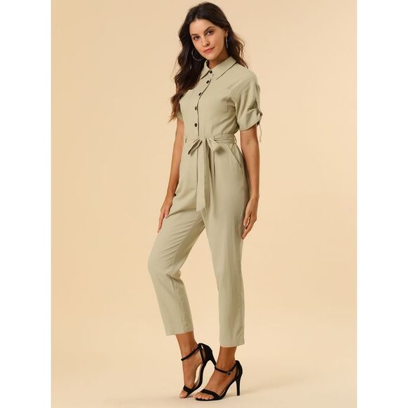 Short Sleeve Collared Cropped Button Down Tie Waist Cotton Cargo Jumpsuit Khaki - Picture 3 of 6